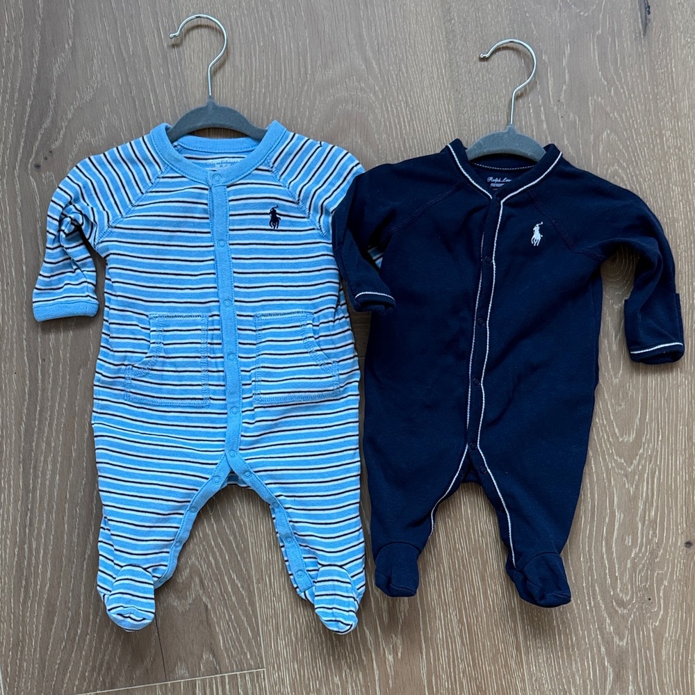 2 Ralph Lauren Baby Cotton Footed One-Piece - Blue & Navy